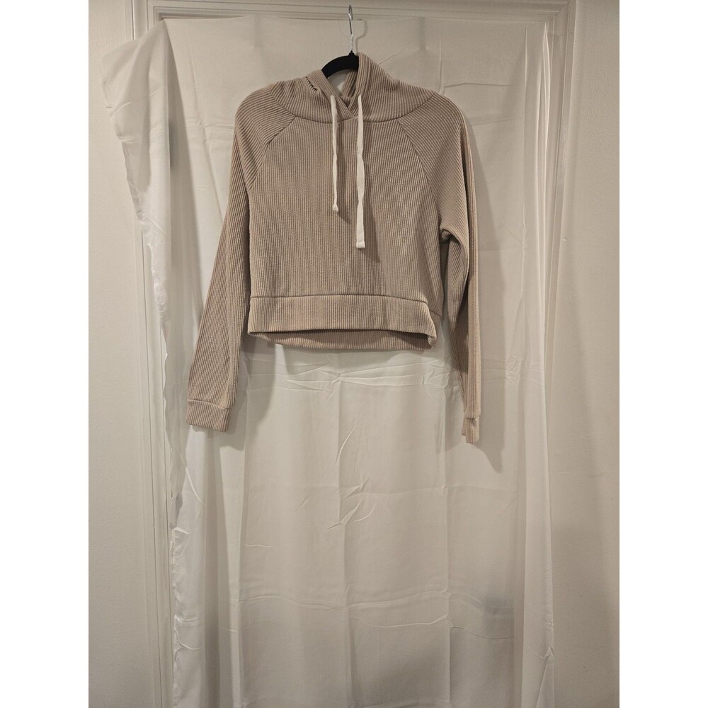 Ultra Flirt Ribbed Knit Cropped Hoodie Tan Medium